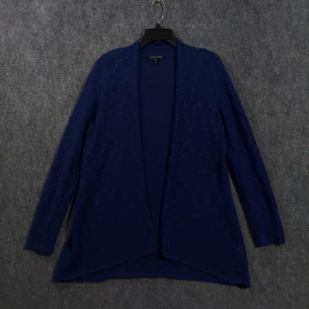 Eileen Fisher Cardigan Sweater Womens Medium Blue Linen Cotton Open Front V Neck